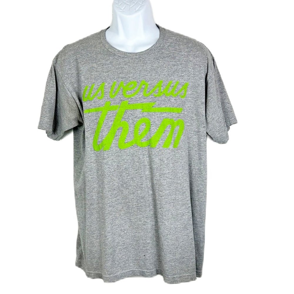 Us Versus Them Shirt Men Large Grey Green Spellout Short Sleeve Casual Tee